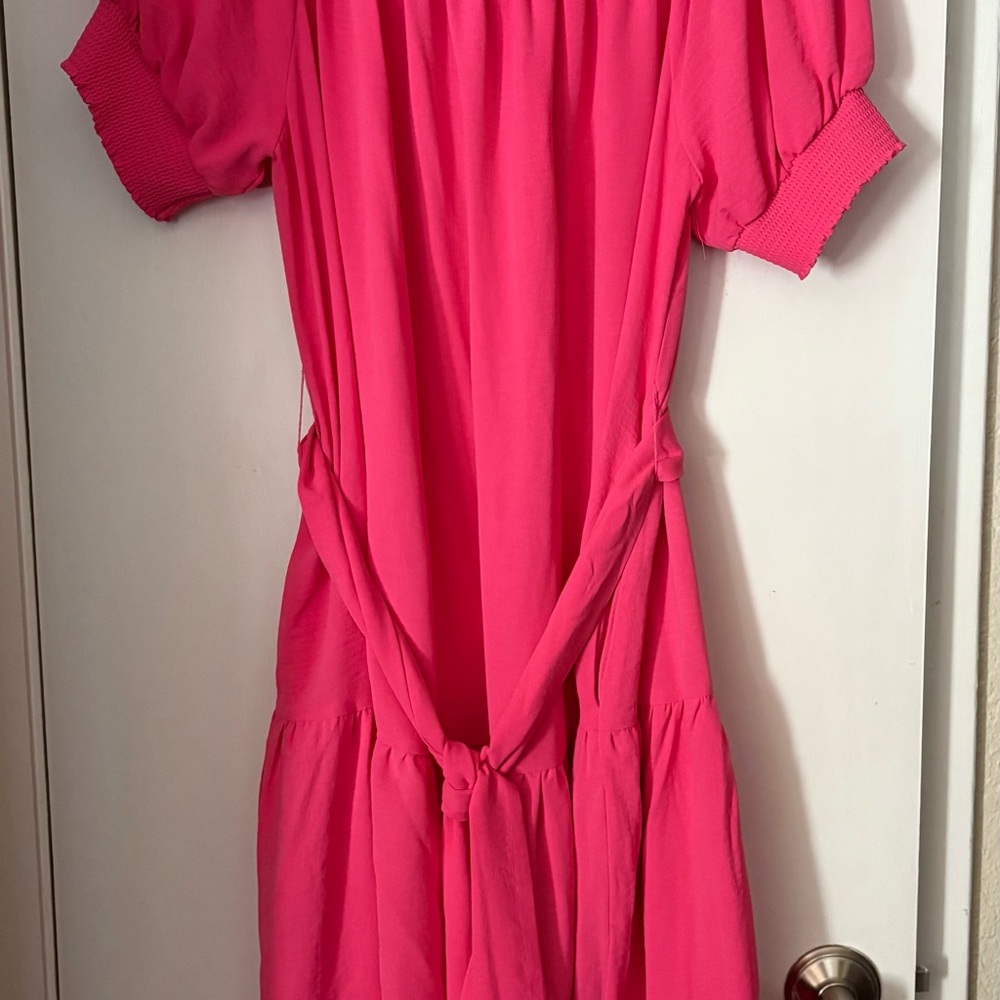 👗 Belted Off Shoulder Pink Midi Dress - Size 14/16